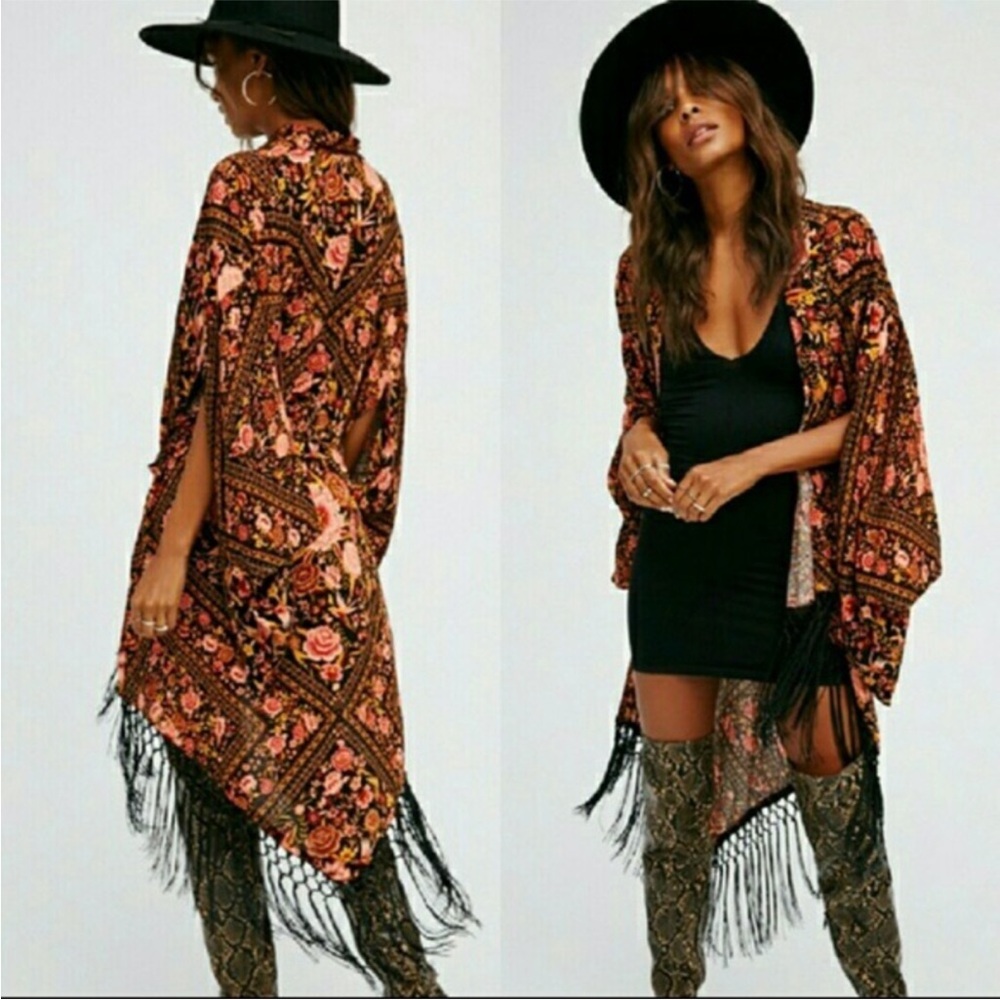 Spell Babushka Floral Kimono with Fringe Black OS